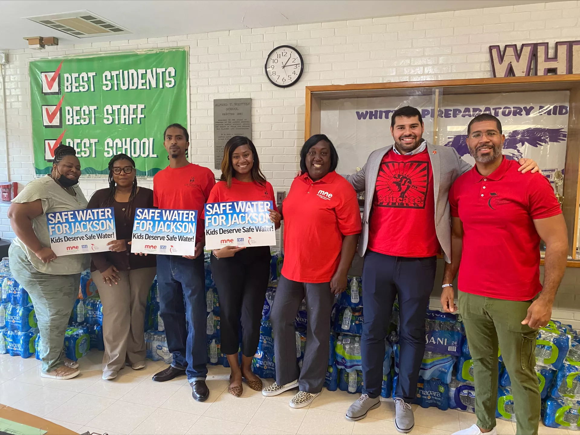 Whitten Middle School in Jackson received over 200 cases of water from friends in Houston, MS.