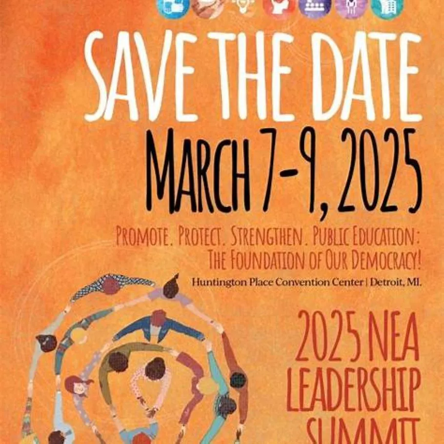 NEA Leadership Summit flyer featuring event details, theme, and visuals highlighting leadership, advocacy, and the advancement of public education.
