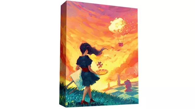 box lid of canvas game features an oil painting of a girl with a canvas and brush against an orange and gold sky