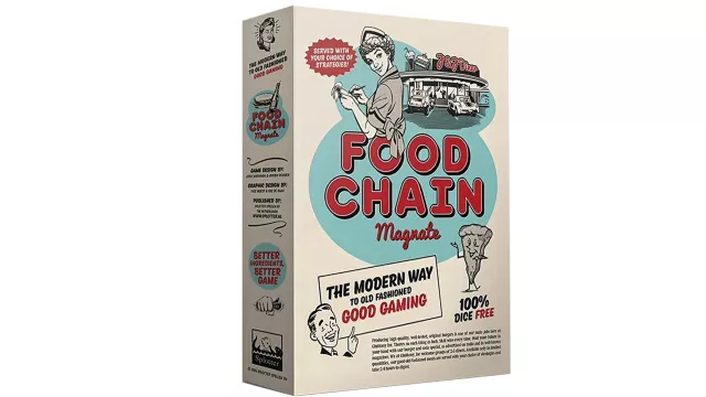 photo of the box lid of Food Chain Magnate game features 1950s style art of a diner and waitress